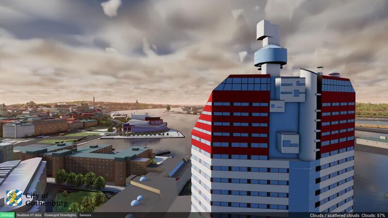 Göteborgs digitala tvilling visas, en spelversion av Göteborg, blickar ut över husfasaderna och älven, en dramtatiska himmel visas i skyn. 