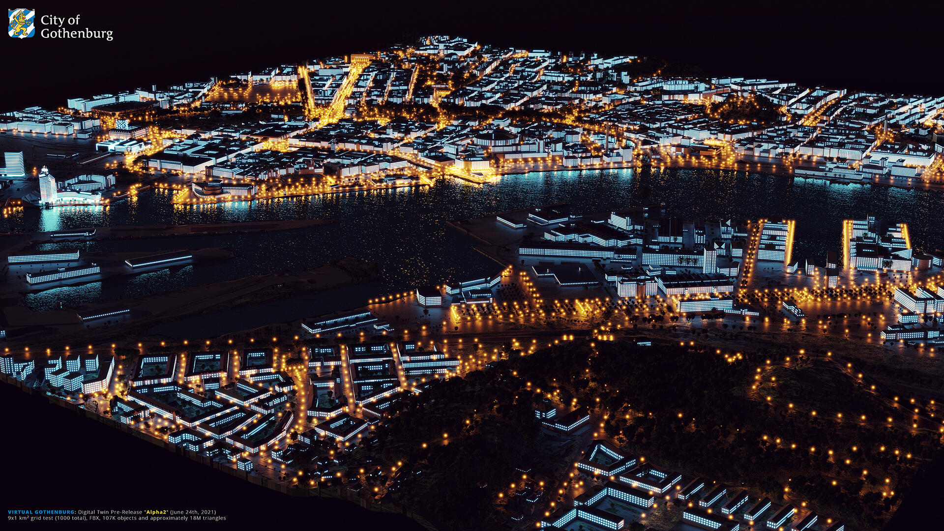 3D visualization of Gothenburg, night.