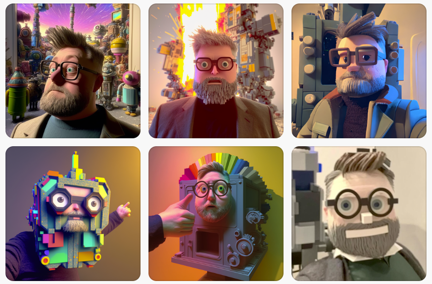 Artificiella bilder på man i skägg och glasögon. Ser animerat och barnsligt ut, på ett fint sätt!